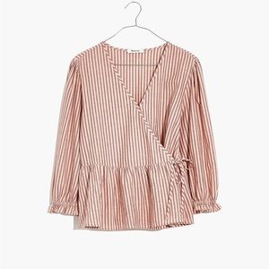 Madewell Puff-Sleeve Peplum Wrap Top in Stripe